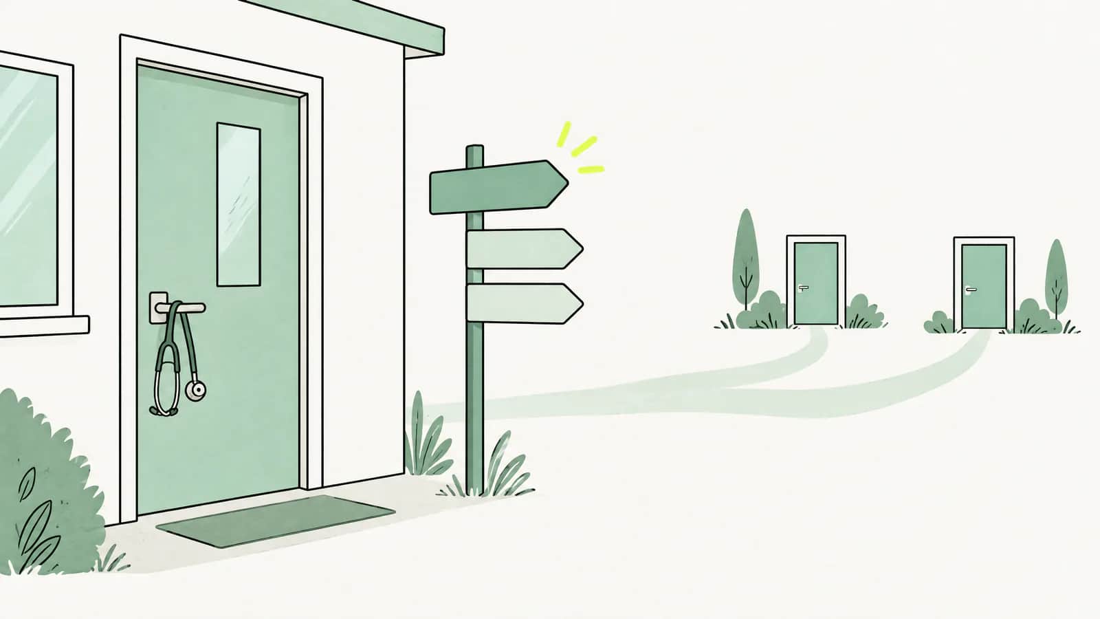 Illustration: Eine einzelne Haustür mit Wegweiser, der auf mehrere Türen dahinter zeigt