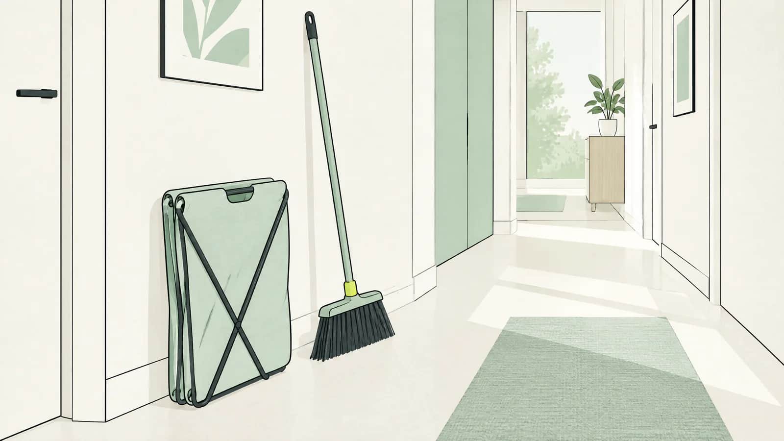 Illustration: Ein Wäschekorb mit gefalteter Wäsche und ein Besen in einem hellen Hausflur