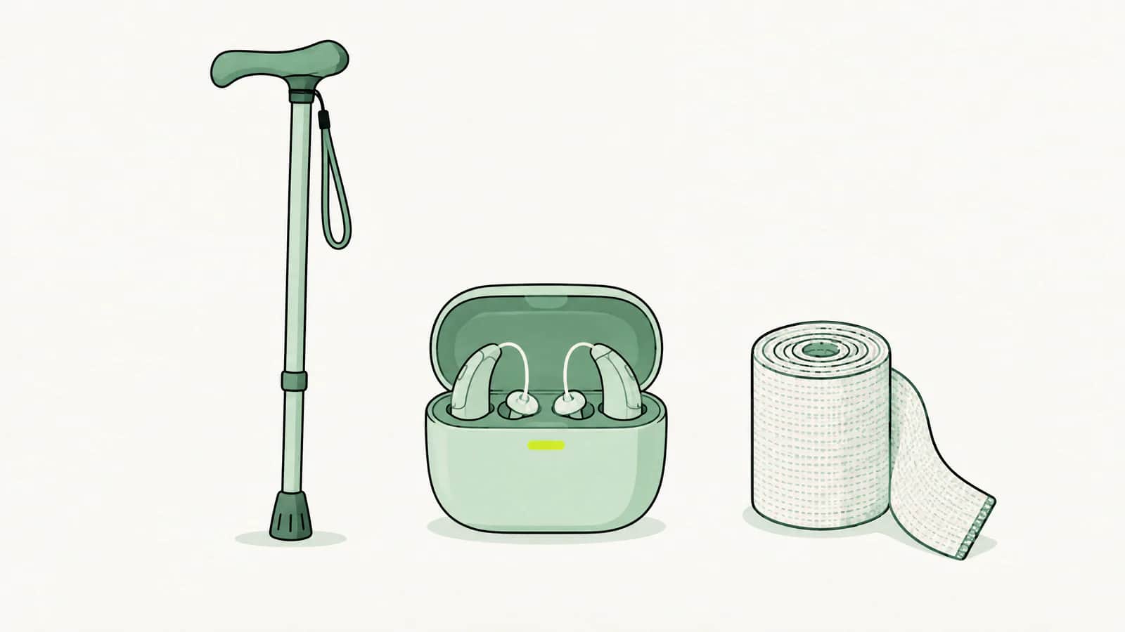 Illustration: Gehstock, Etui eines Hörgeräts und eine Rolle Verband nebeneinander aufgereiht