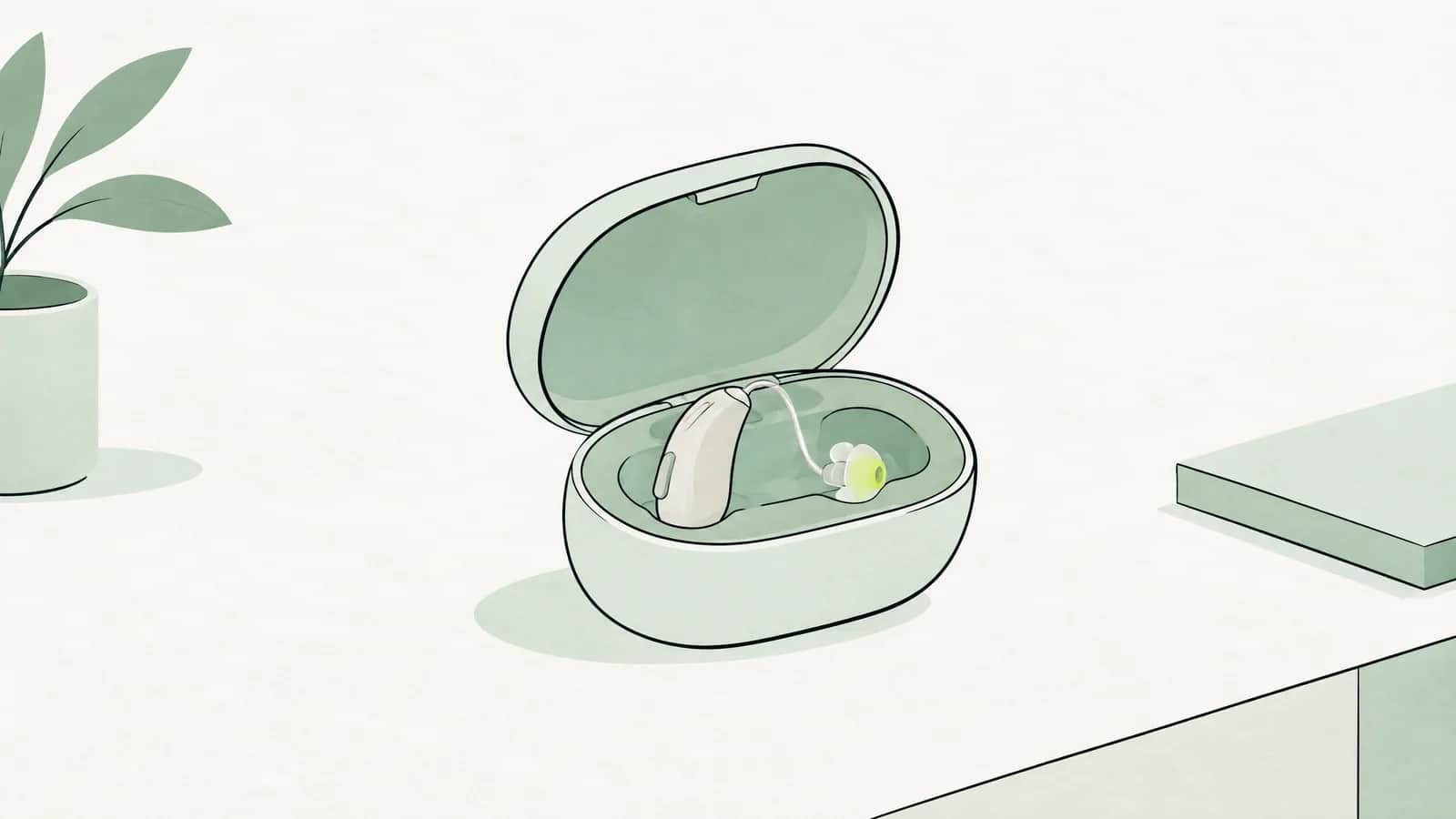 Illustration: Kleines Hörgerät liegt in einem geöffneten Etui auf einem Holztisch