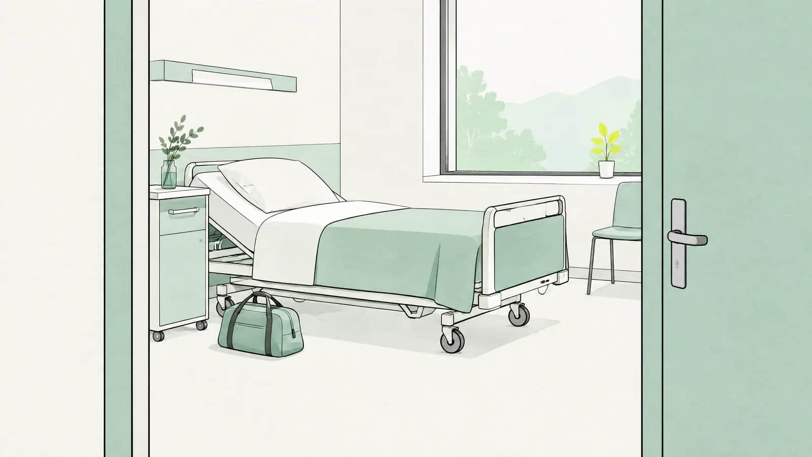 Illustration: Spitalbett von der Tür aus gesehen, daneben eine kleine Reisetasche
