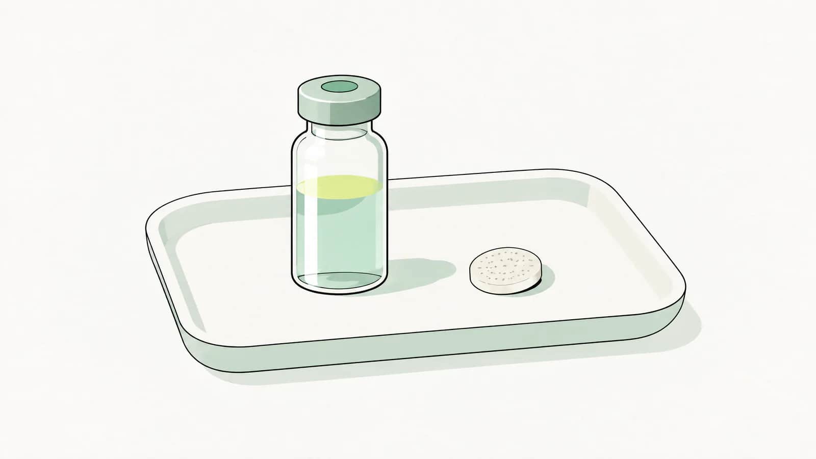 Illustration: Impfstofffläschchen und ein kleines Pflaster auf einem sauberen Tablett
