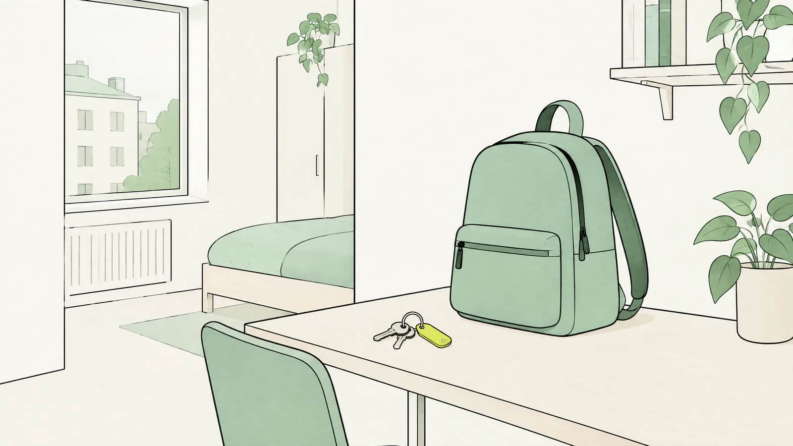 Illustration: Rucksack und Schlüsselbund auf einem kleinen Schreibtisch in einer ersten eigenen Wohnung