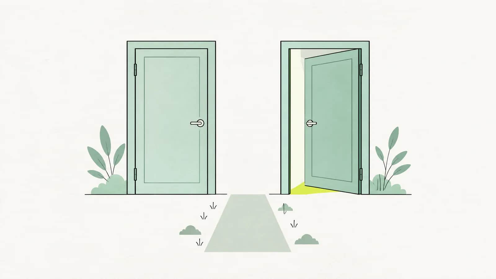 Illustration: zwei Türen nebeneinander, dazwischen ein kurzer Weg, eine Tür ist leicht geöffnet