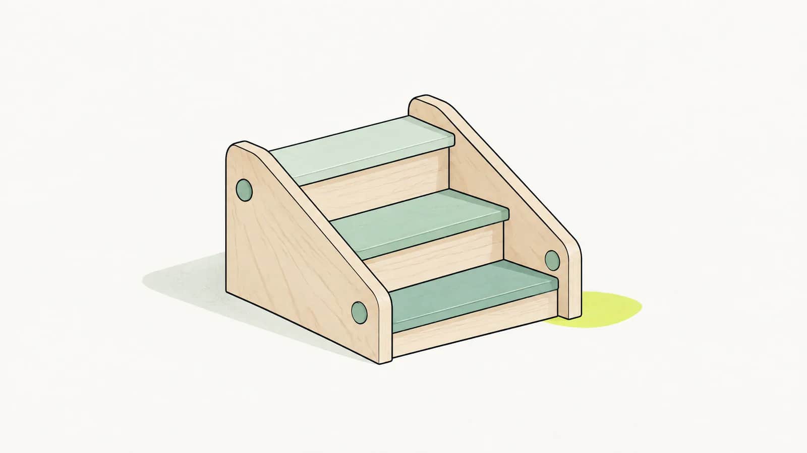 Illustration: kleine Spielzeugtreppe aus hellem Holz mit niedrigen, gleichmässigen Stufen