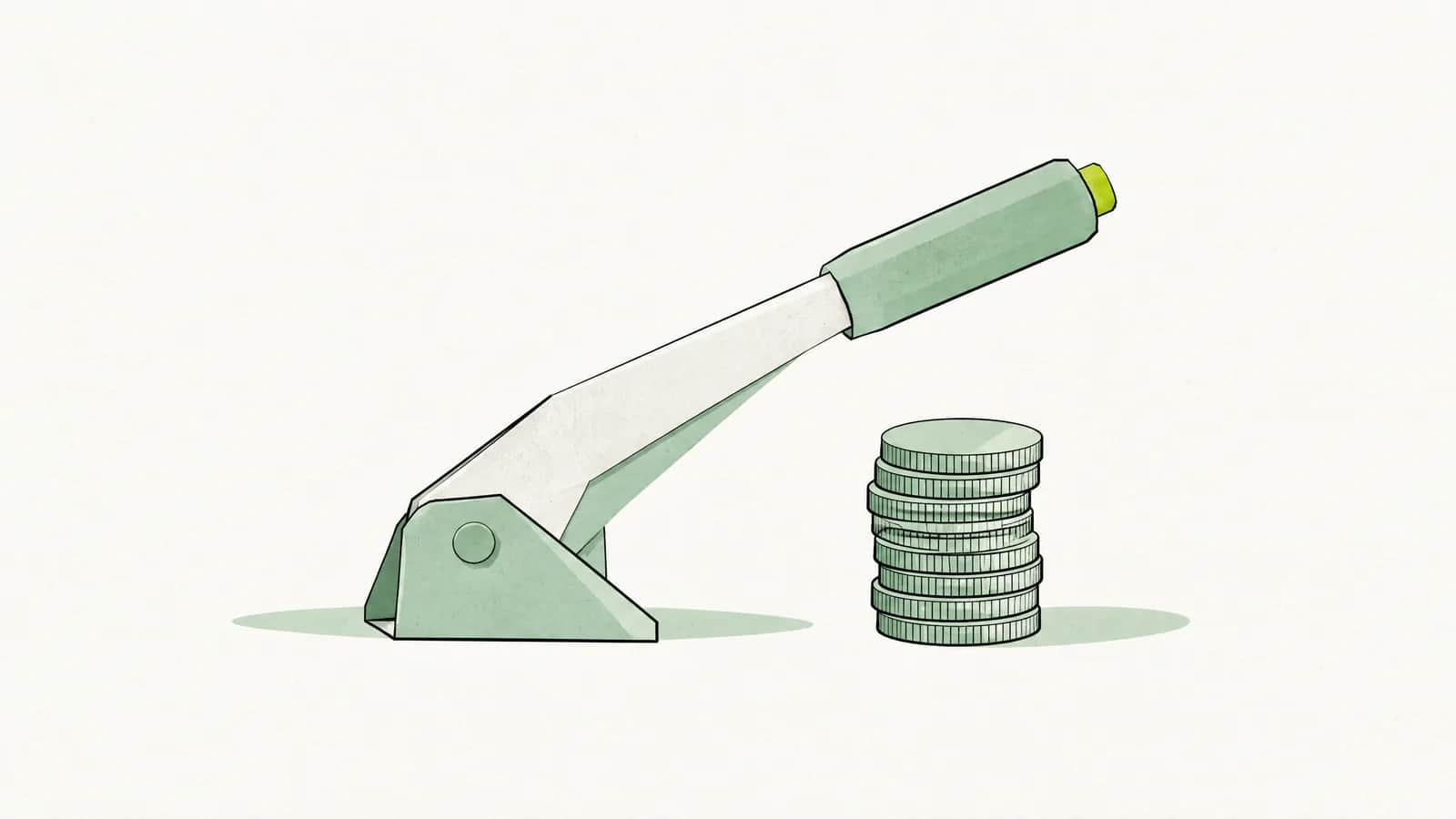 Illustration: Ein Handbremshebel aus Papier neben einem kleinen Stapel Münzen