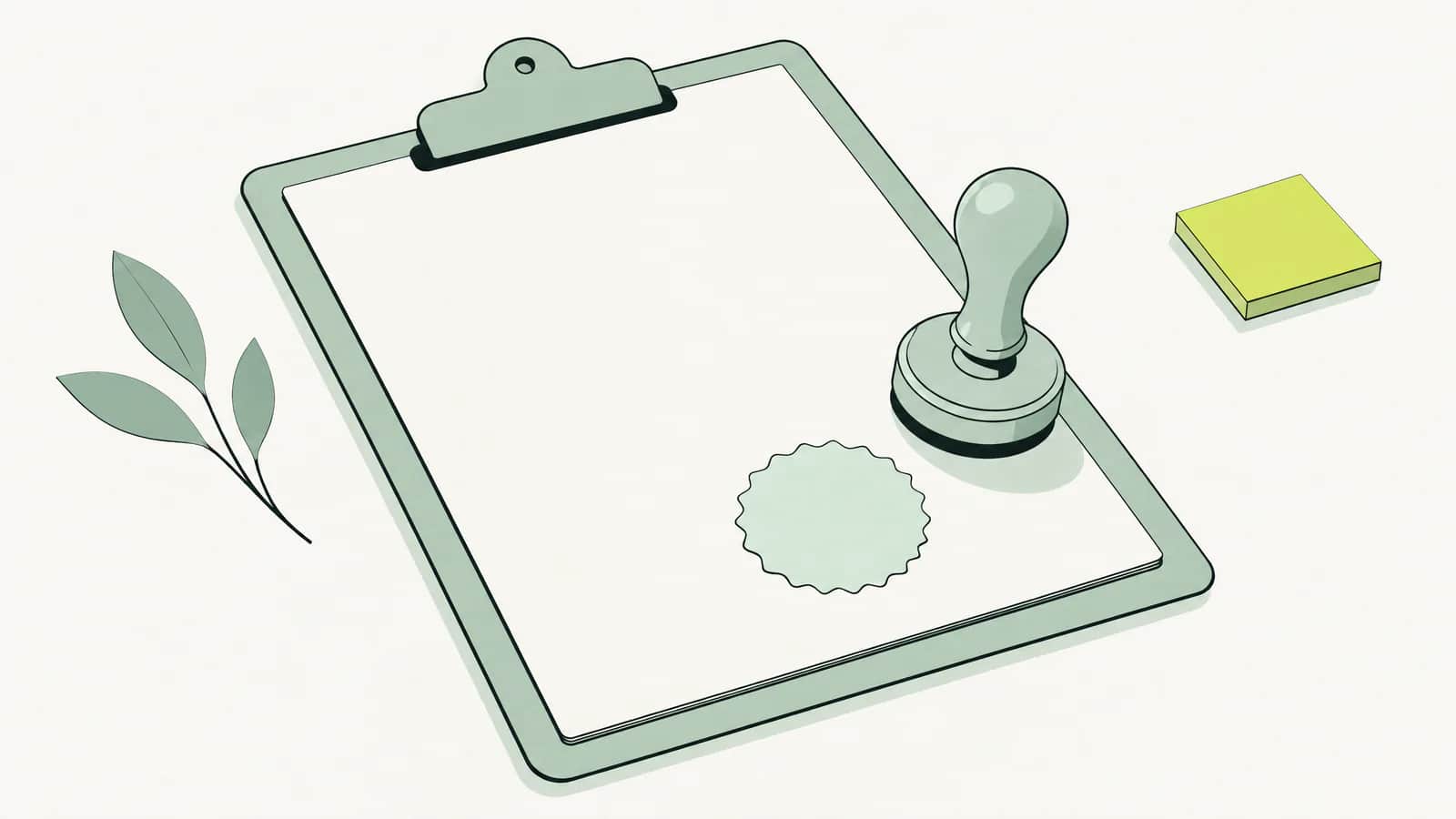 Illustration: Dokument mit leerem, stempelförmigem Siegel auf einem Klemmbrett