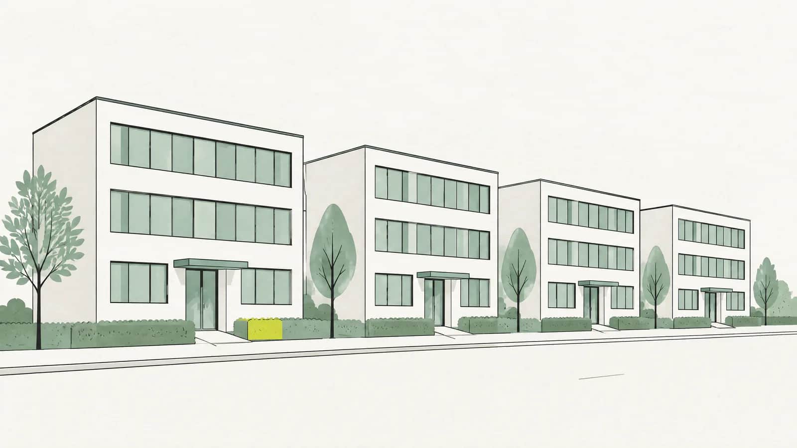 Illustration: Reihe kleiner, gleich aussehender Bürogebäude an einer ruhigen Strasse