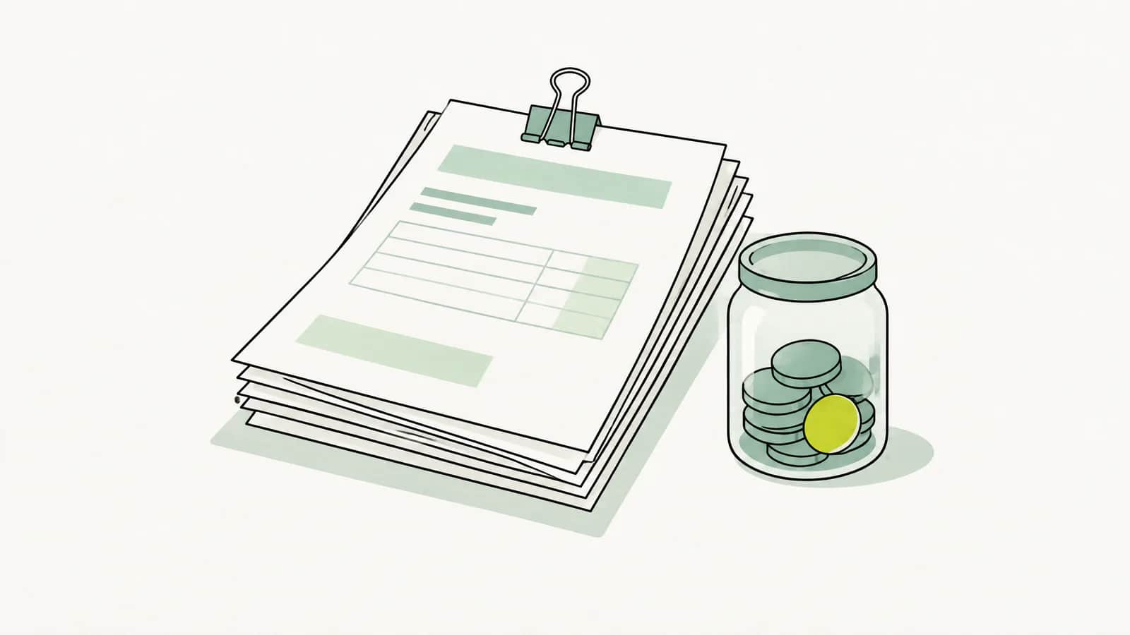 Illustration: Stapel zusammengeklammerter Rechnungen neben einem kleinen Glas mit Münzen