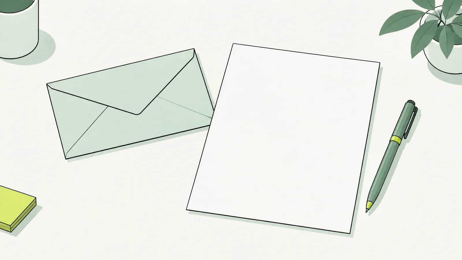 Illustration: Verschlossenes Couvert und leeres Briefblatt neben einem Stift auf einem Schreibtisch