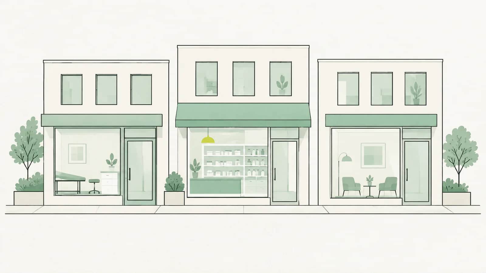 Illustration: Reihe von Ladenfronten mit Praxis, Apotheke und Klinik, alle ohne Schilder