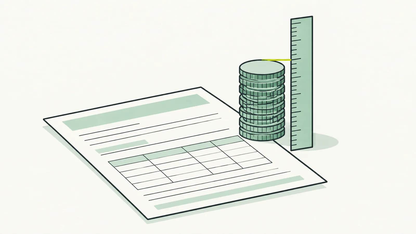 Illustration: Steuerformular unter einem Lineal, das einen Münzstapel ausmisst