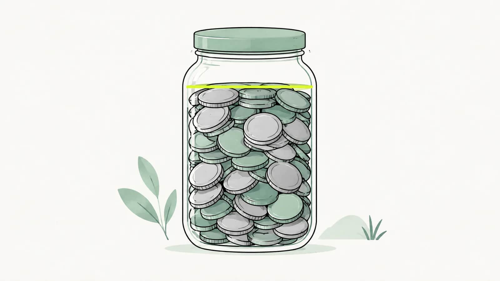 Illustration: Glasgefäss mit Münzen, gefüllt bis zu einer markierten Höchstlinie