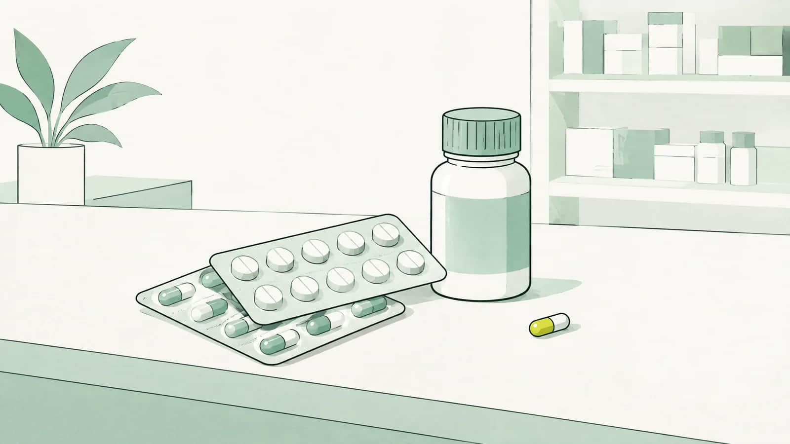 Illustration: Tablettenblister und eine kleine Medizinflasche auf einer hellen Apothekentheke