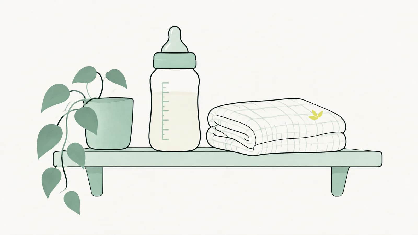 Illustration: Eine Babyflasche und ein gefaltetes Musselintuch auf einem Regal im Kinderzimmer