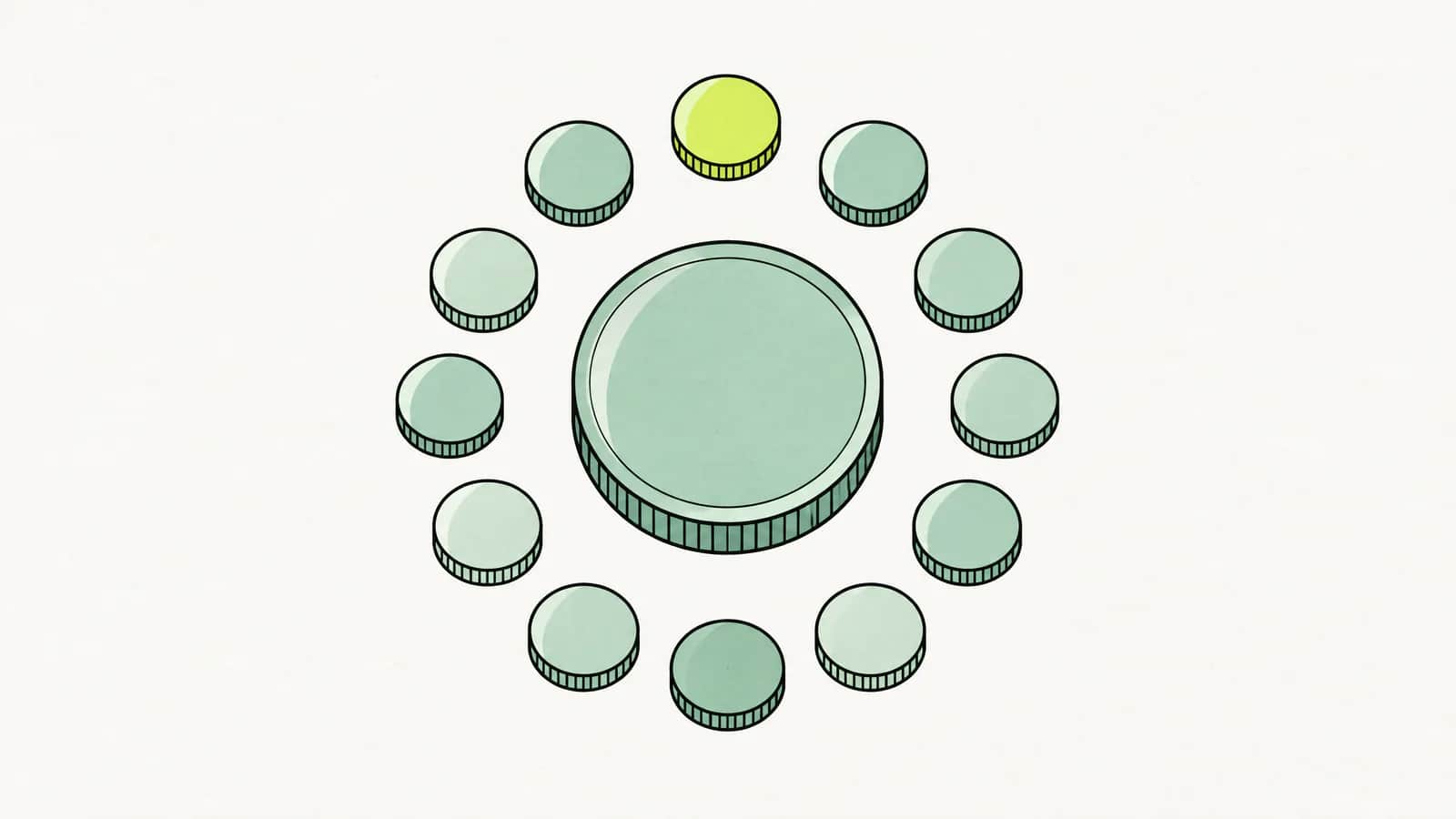 Illustration: zwölf kleine Münzen im Kreis rund um eine grosse Münze angeordnet