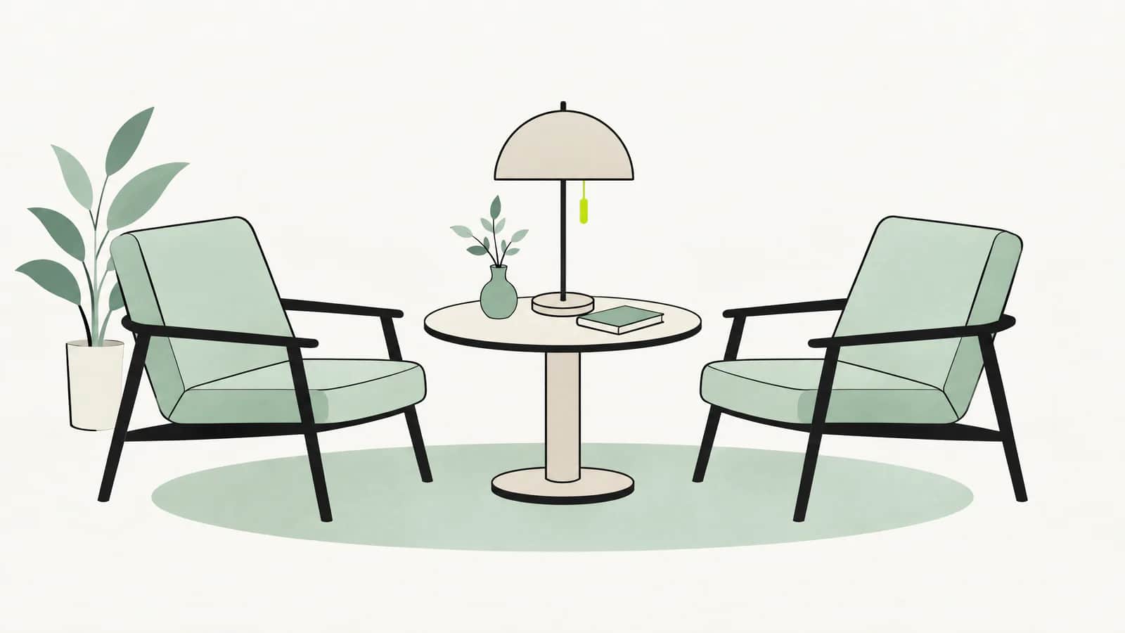 Illustration: Zwei Stühle an einem runden Tisch einander gegenüber, in der Mitte eine schlichte Lampe
