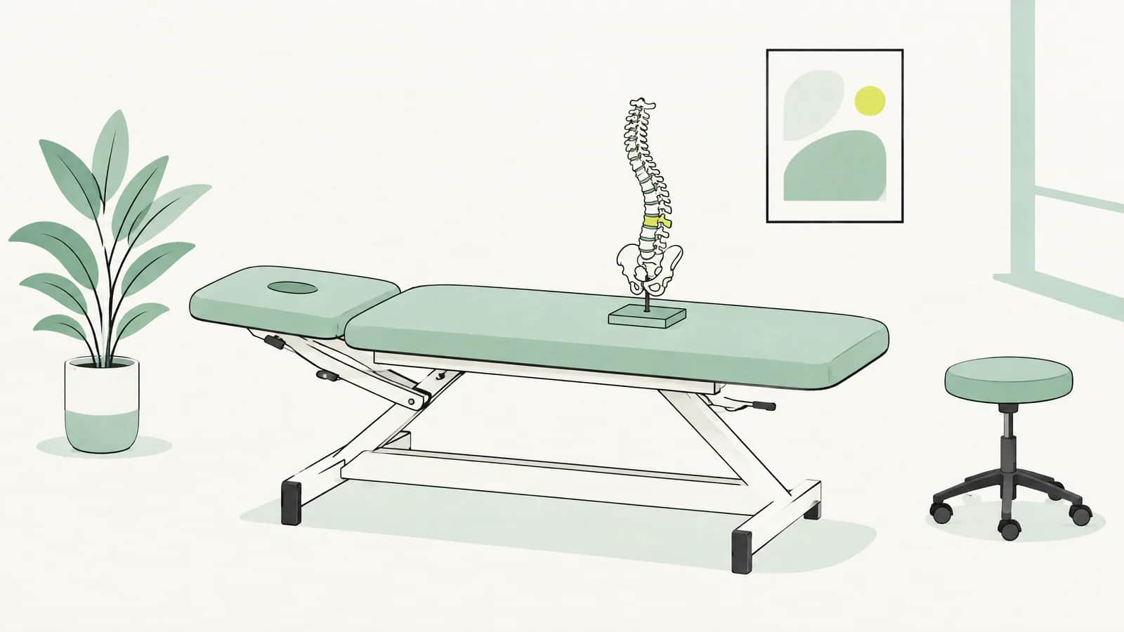 Illustration: Behandlungsliege mit einem kleinen anatomischen Wirbelsäulenmodell darauf