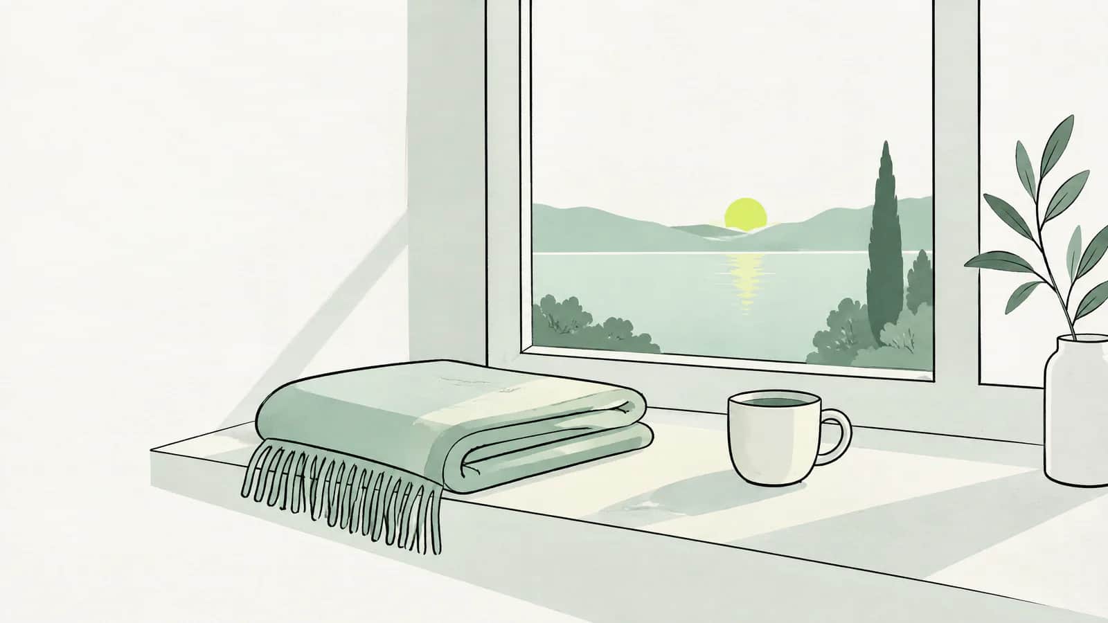 Illustration: Ruhiges Fenster mit weichem Abendlicht, das auf eine gefaltete Decke und eine Tasse fällt