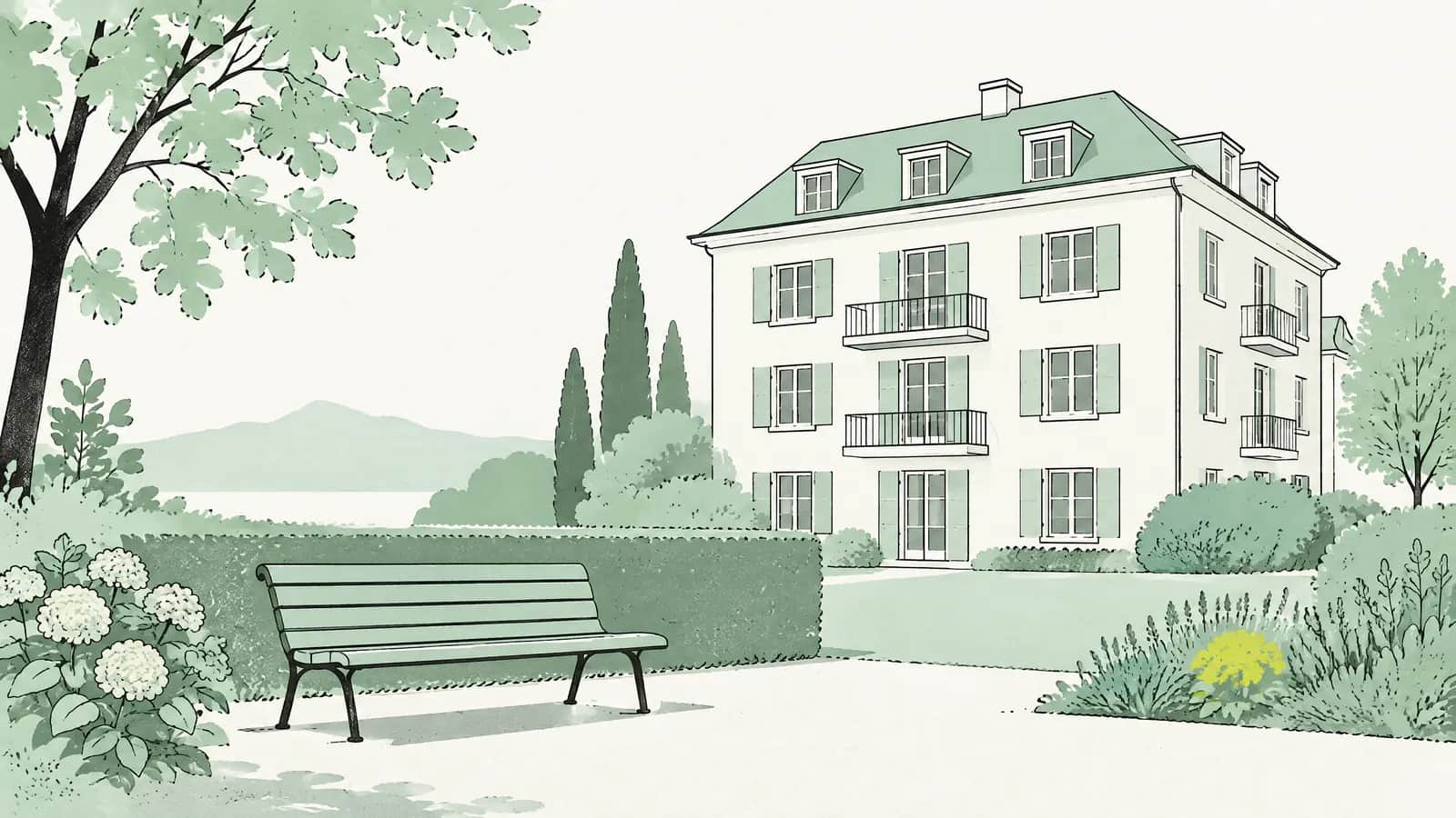 Illustration: ruhige Gartenbank vor einem grossen, hellen Wohngebäude mit vielen Fenstern