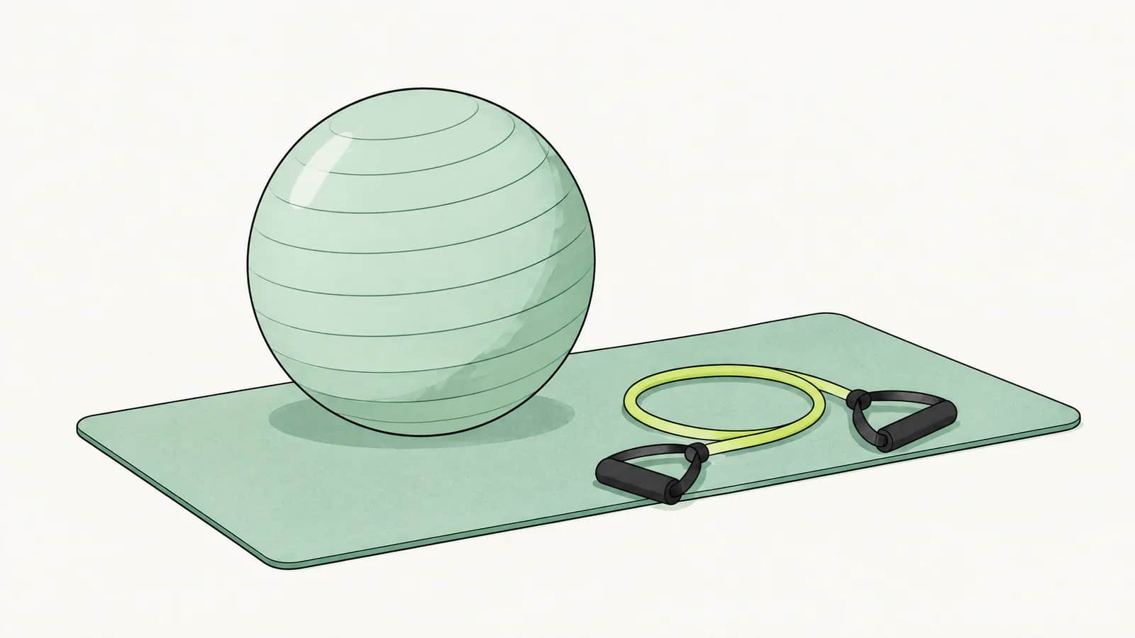 Illustration: Gymnastikball und Widerstandsband liegen auf einer Therapiematte