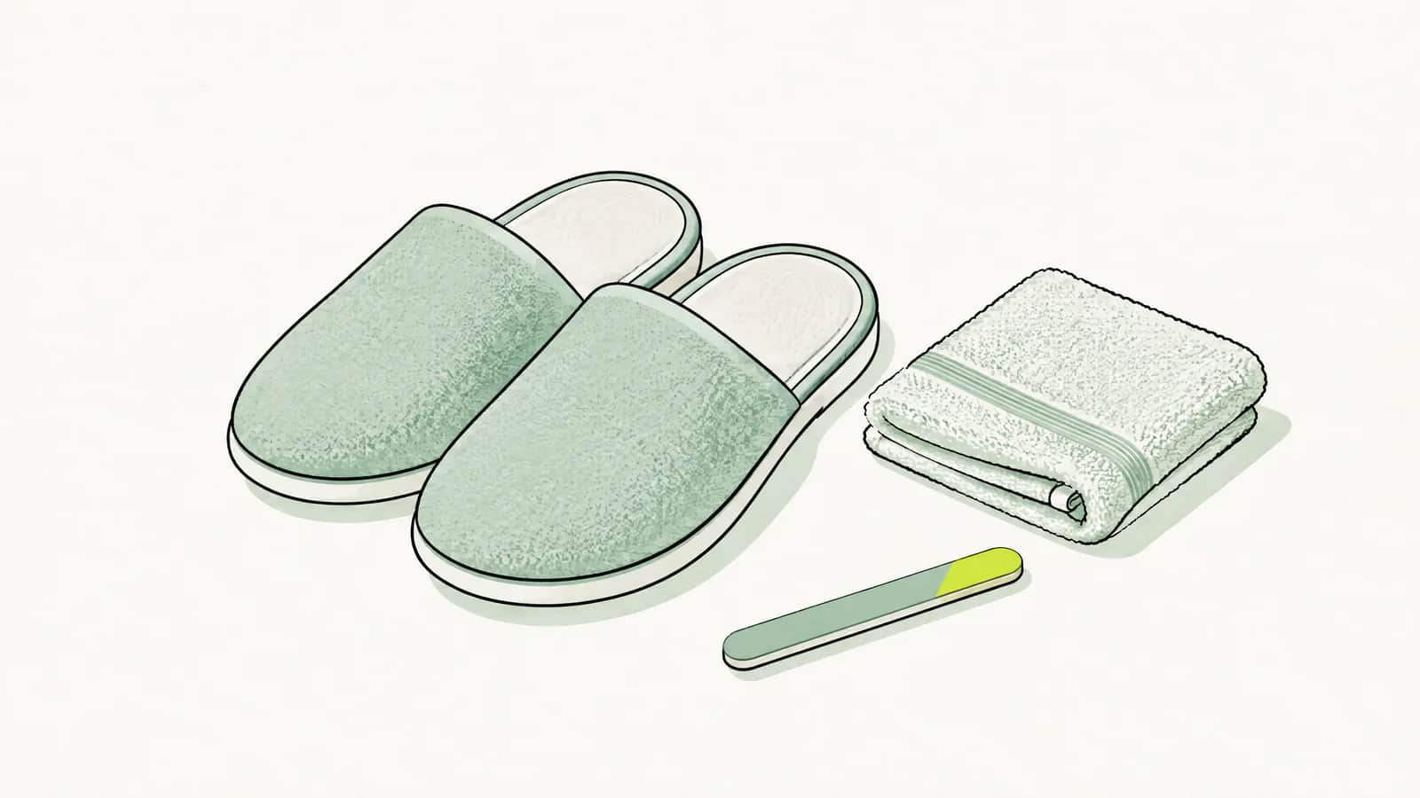 Illustration: ein Paar weiche Hausschuhe neben einem kleinen gefalteten Handtuch und einer Nagelfeile