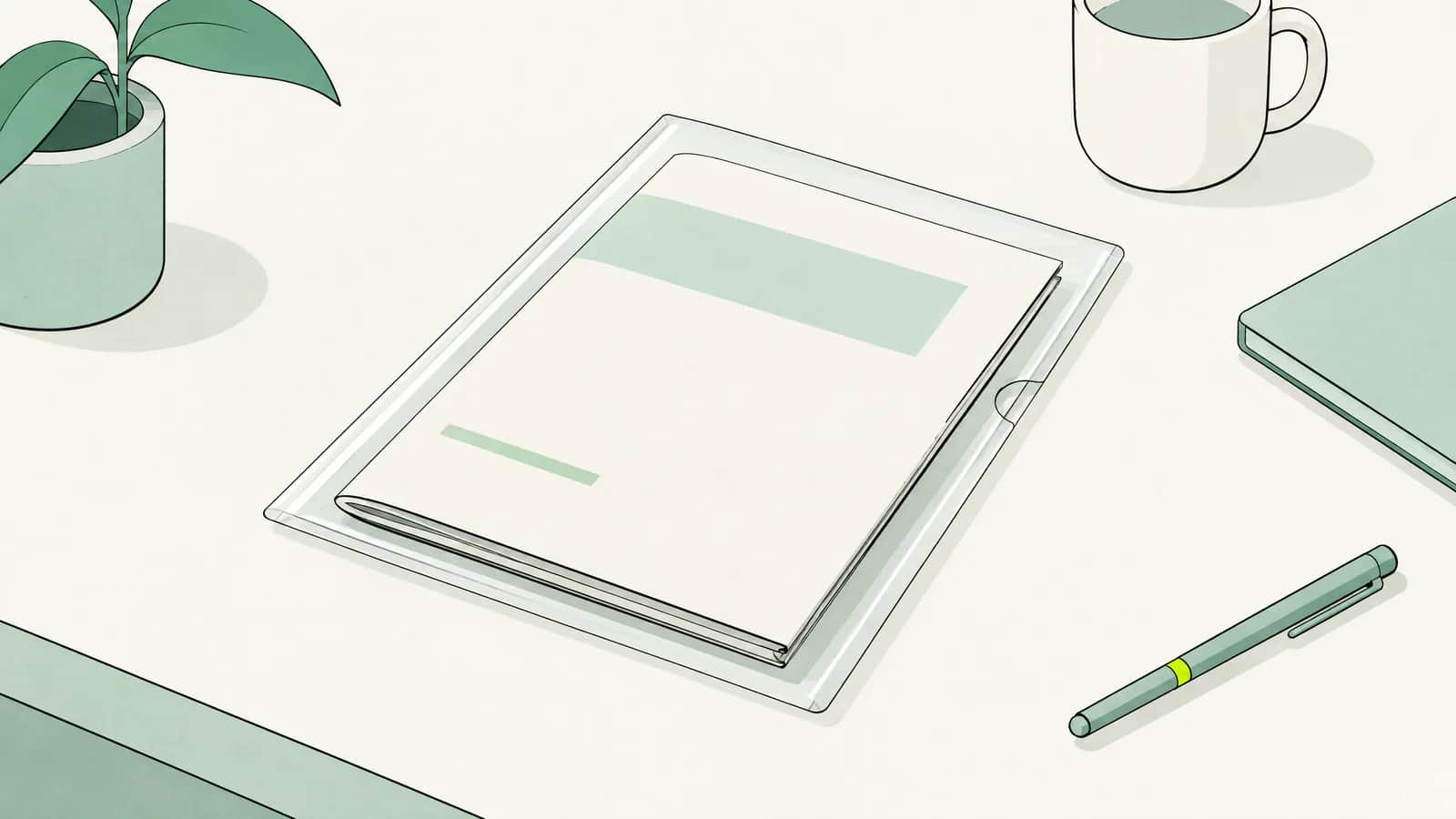 Illustration: Ein gefaltetes Vertragsdokument steckt in einer durchsichtigen Hülle auf einem Schreibtisch