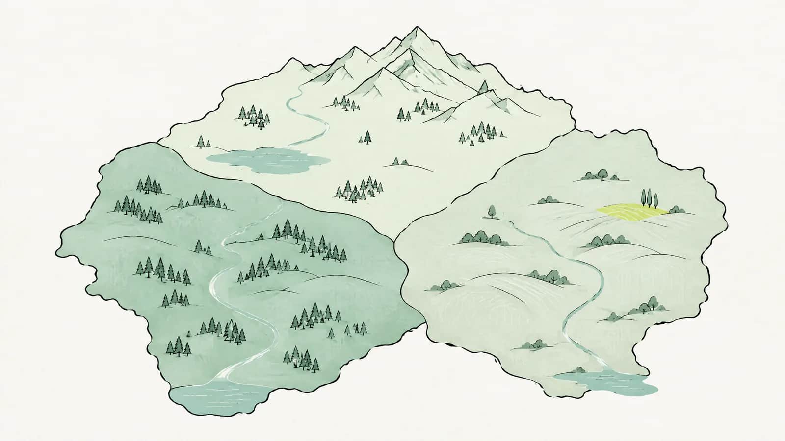 Illustration: Landschaftskarte, aufgeteilt in drei sanft unterschiedlich getönte Zonen