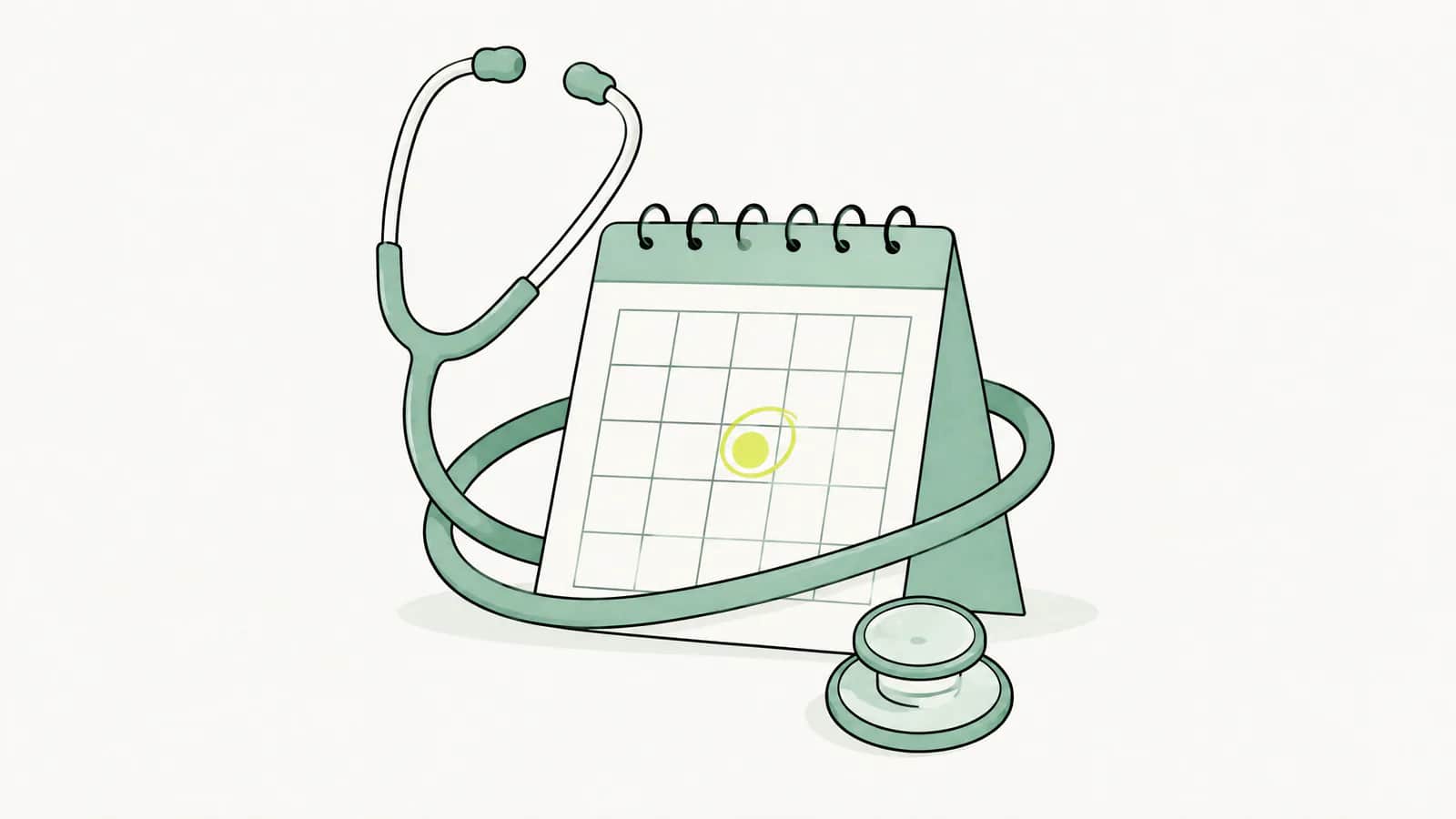Illustration: Stethoskop liegt um einen kleinen Tischkalender mit einem markierten Termin