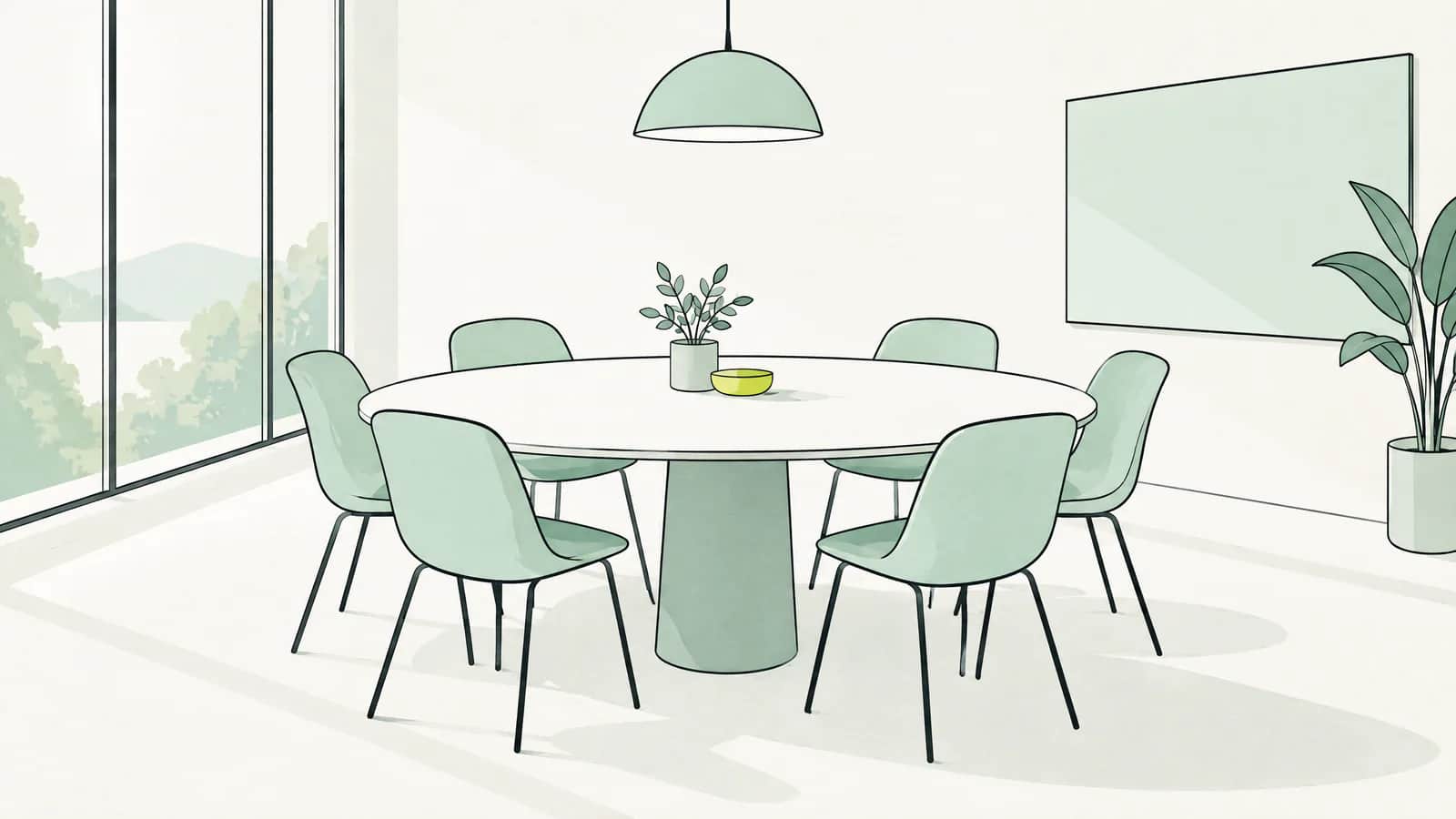 Illustration: leerer runder Tisch mit Stühlen in einem hellen Sitzungszimmer