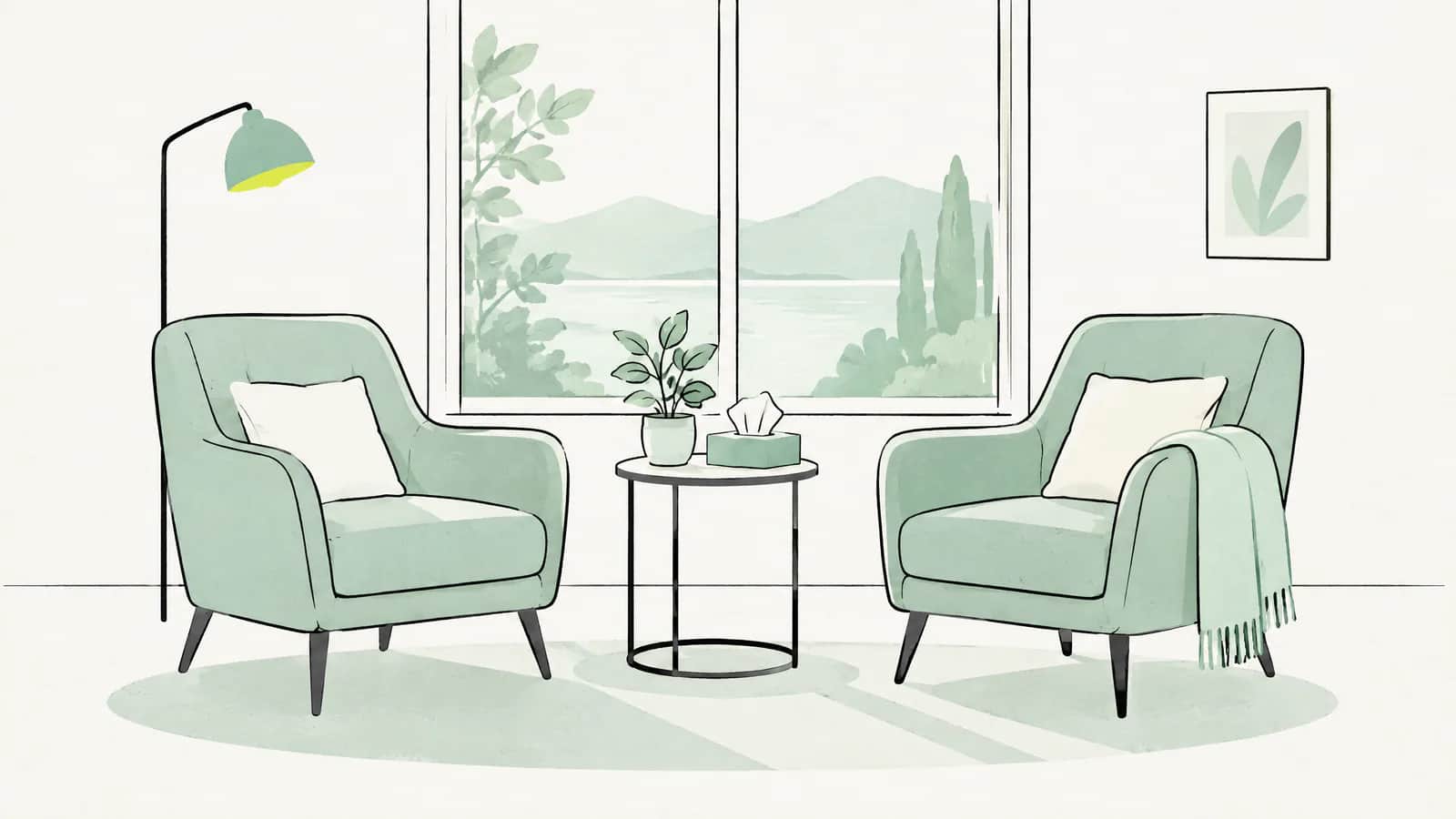 Illustration: Zwei Sessel an einem Fenster, dazwischen eine kleine Pflanze und eine Taschentuchbox
