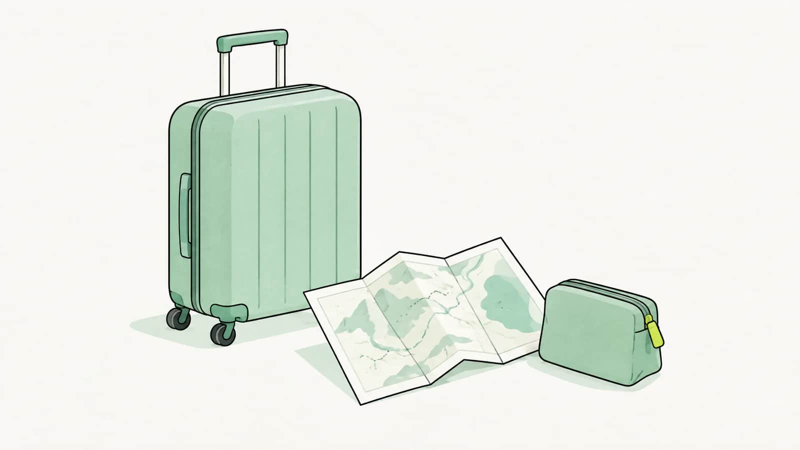 Illustration: Koffer, gefaltete Landkarte und kleine Erste-Hilfe-Tasche ohne Aufdruck