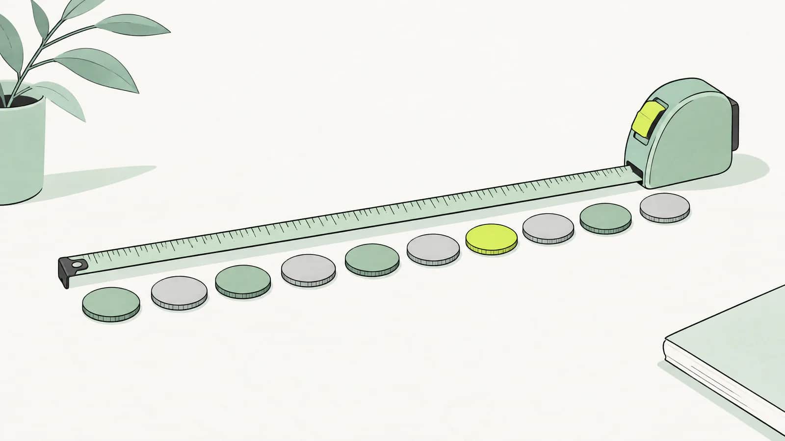 Illustration: Messband, das auf einem Tisch entlang einer Reihe von Münzen ausgelegt ist