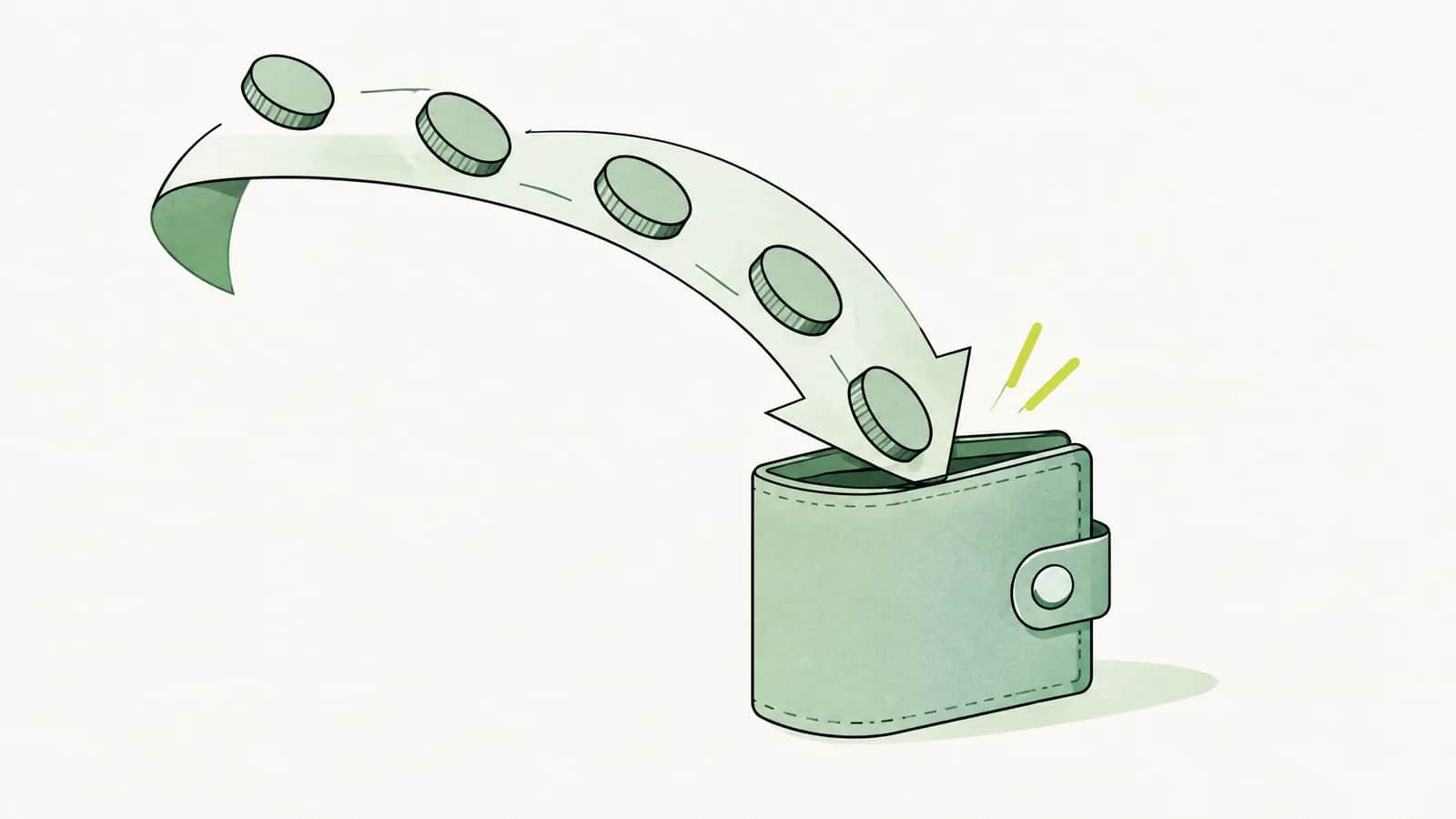 Illustration: Münzen fliessen entlang eines gebogenen Papierpfeils zurück in ein Portemonnaie