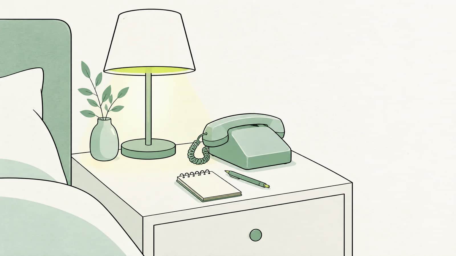 Illustration: Ein Telefon und ein kleiner Notizblock auf einem Nachttisch im warmen Licht einer Lampe