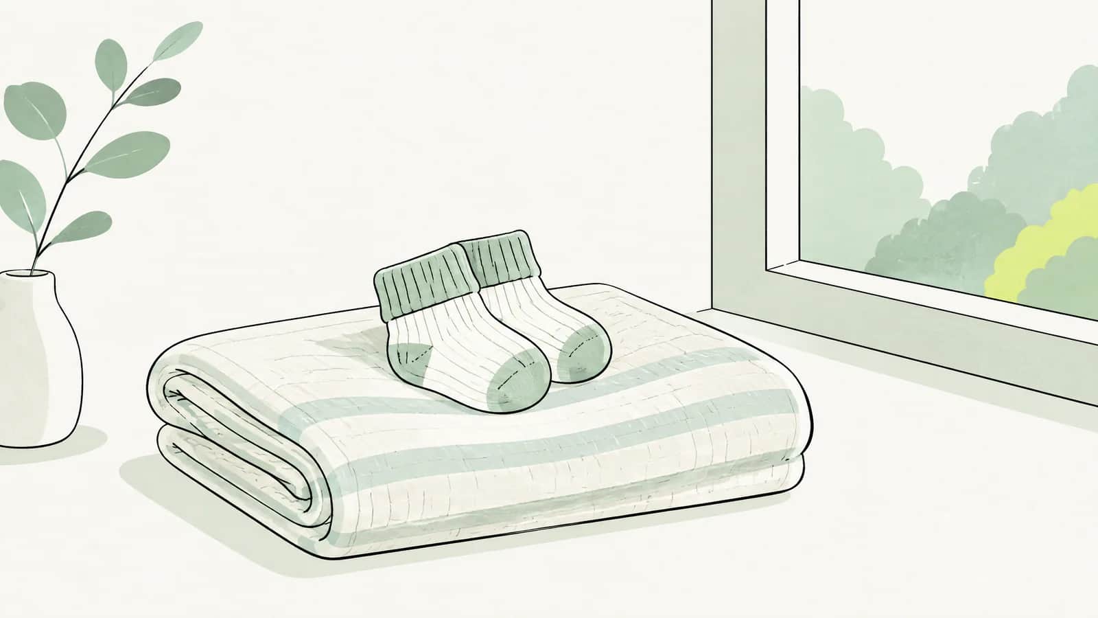 Illustration: Kleine Babysocken auf einer gefalteten Decke neben einem hellen Fenster