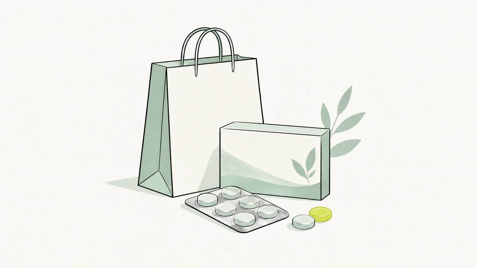 Illustration: kleiner Apothekensack mit einer Schachtel schlichter Lutschtabletten
