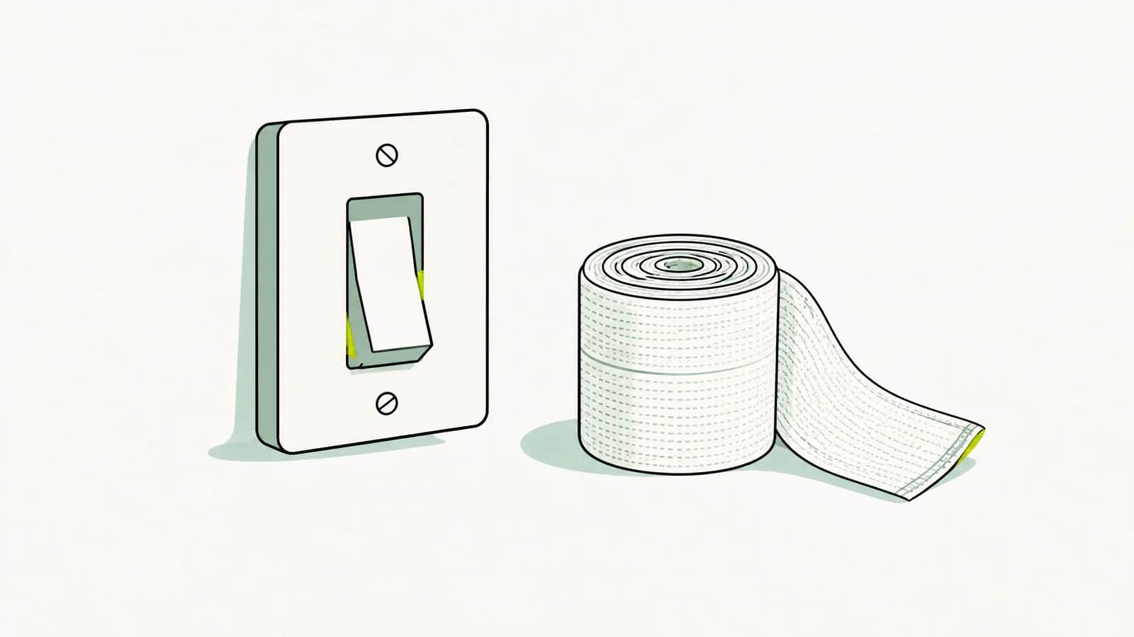 Illustration: Ein Lichtschalter in Aus-Stellung neben einer zusammengerollten Mullbinde
