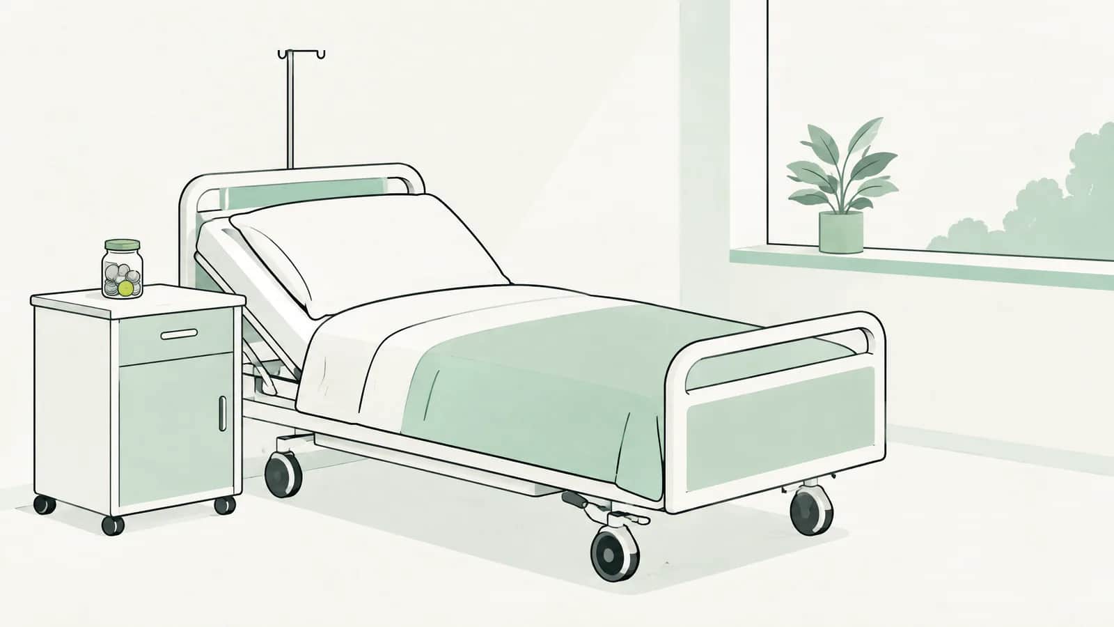 Illustration: Spitalbett mit gefalteter Decke und einem kleinen Münzglas auf dem Nachttisch