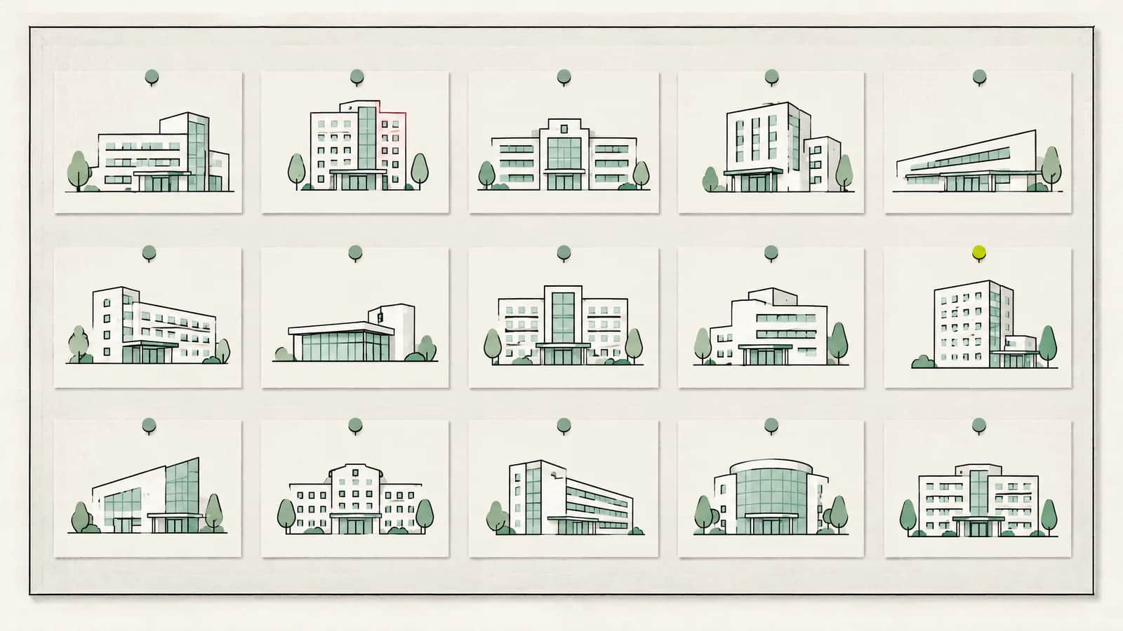 Illustration: Pinnwand mit angehefteten Karten, die in Reihen angeordnete Spitalgebäude zeigen