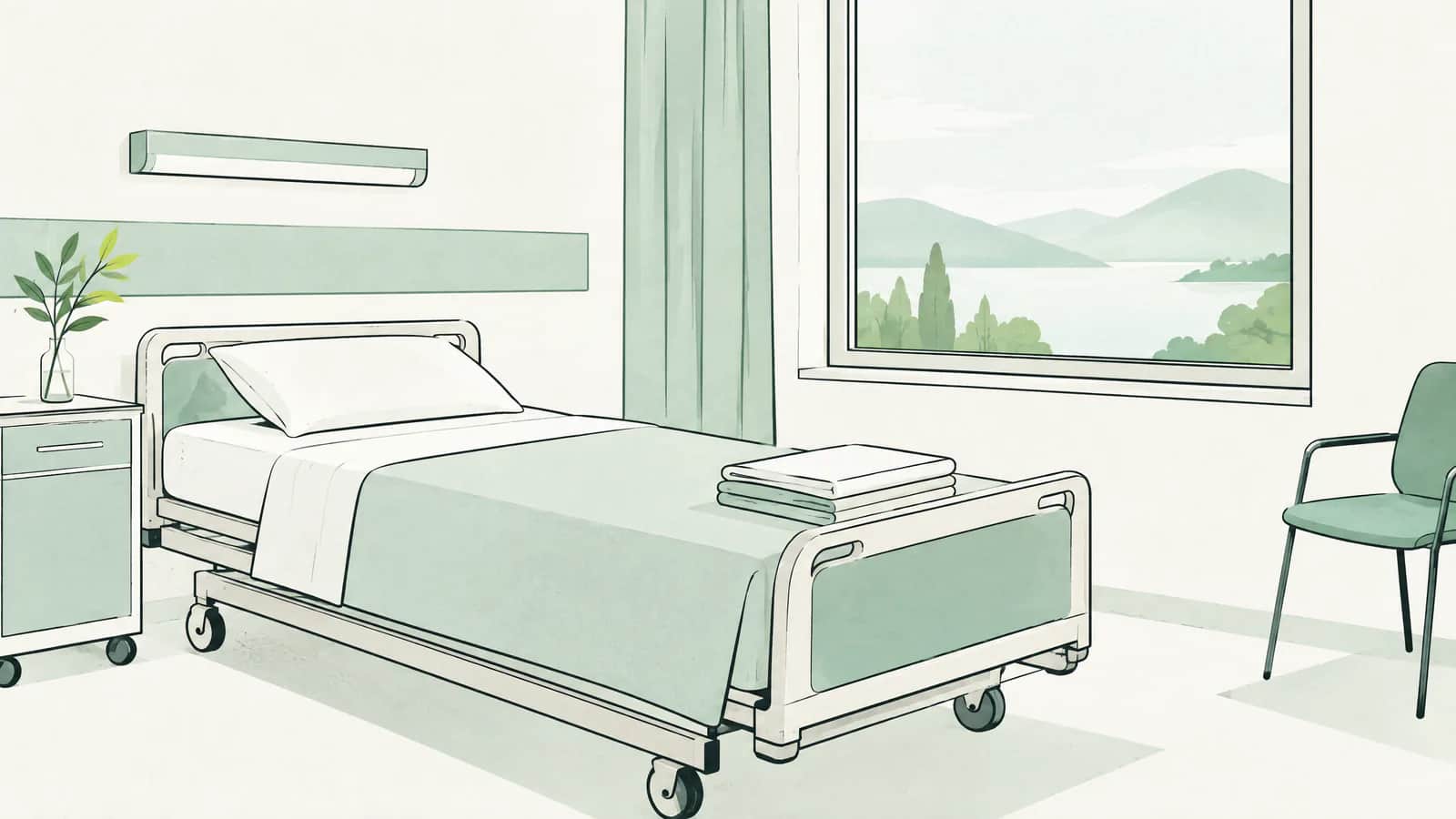 Illustration: Spitalbett mit sauber gefalteten Laken unter einem hellen Fenster
