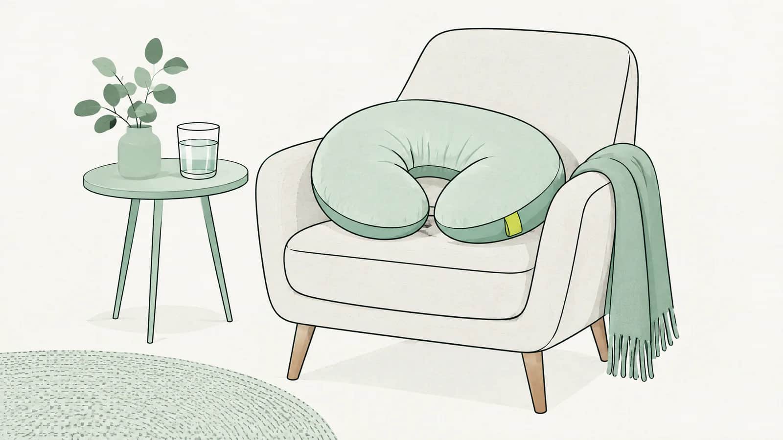 Illustration: Stillkissen liegt auf einem Sessel, daneben steht ein Glas Wasser