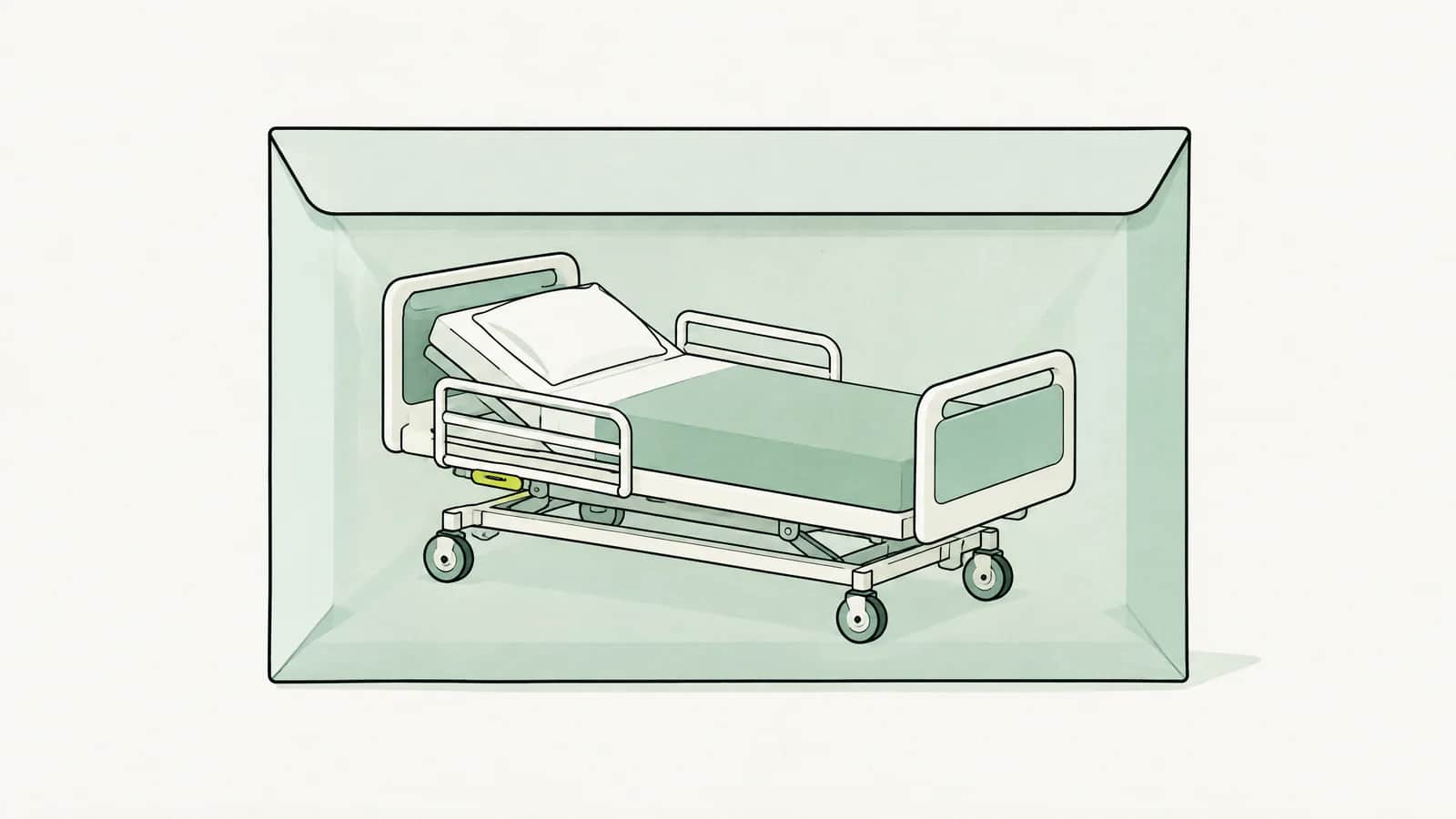 Illustration: Symbol eines Spitalbetts in einem versiegelten Umschlag mit Pauschalpreis