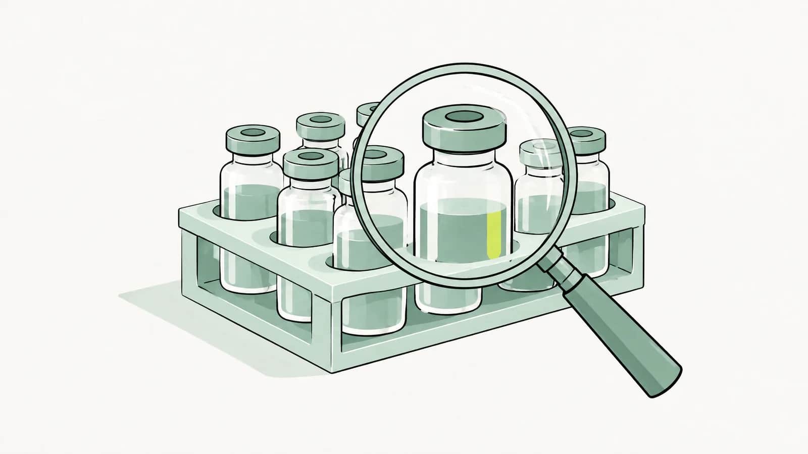 Illustration: versiegelte Medikamentenfläschchen in einem Ständer unter einer grossen Lupe