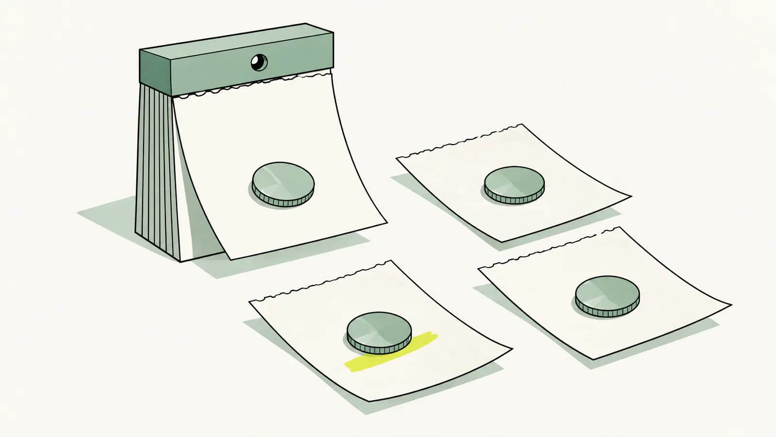Illustration: Abreisskalender mit einzelnen Tagesblättern, auf jedem Blatt liegt eine Münze