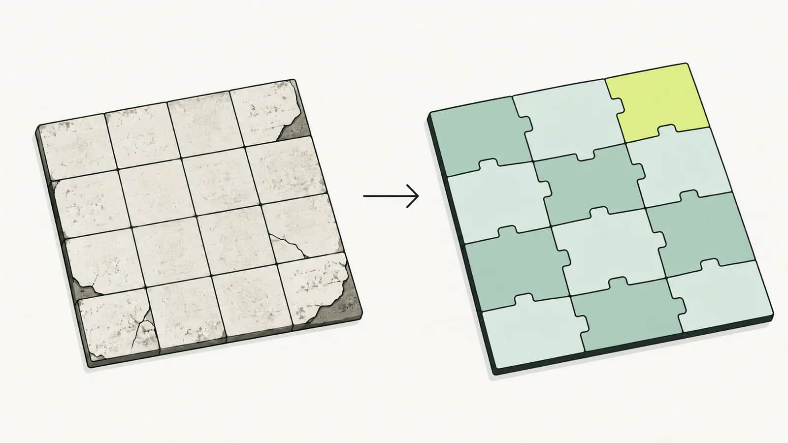 Illustration: modulares Raster aus ineinandergreifenden Kacheln ersetzt ein älteres, abgenutztes Kachelbrett