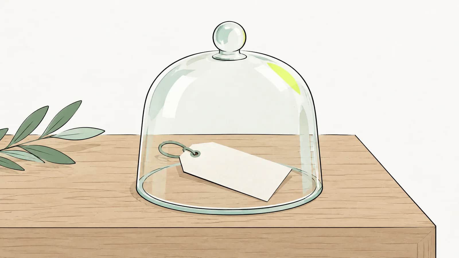 Illustration: gläserne Glocke über einem Preisschild auf einem Holztisch