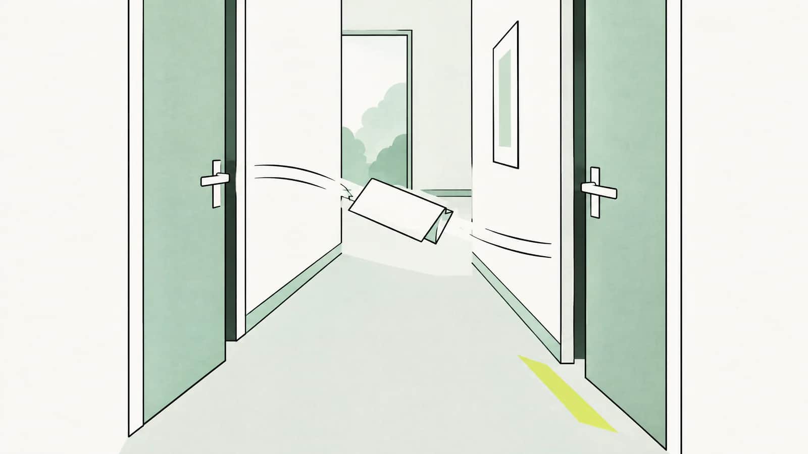 Illustration: gefaltete Zuweisungsnotiz wird entlang eines Korridors zwischen zwei Türen weitergereicht
