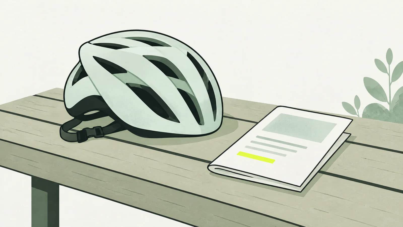 Illustration: Velohelm und gefaltetes Versicherungsdokument auf einer Holzbank