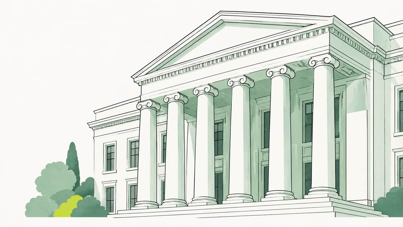 Illustration: Säulen einer Gerichtsfassade im weichen Tageslicht ohne Inschrift